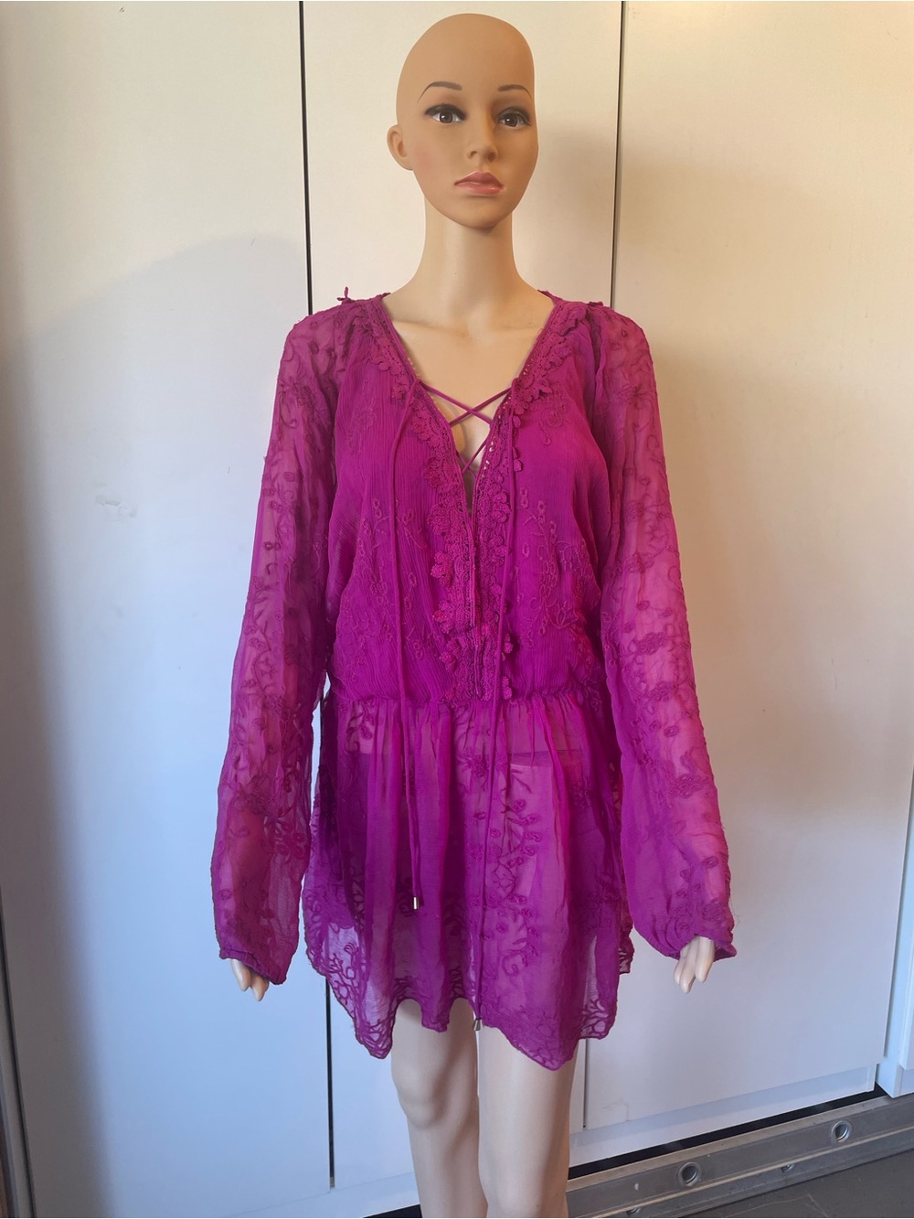 Free People Magenta Sheer Lace Peasant Blouse with Tie Front
